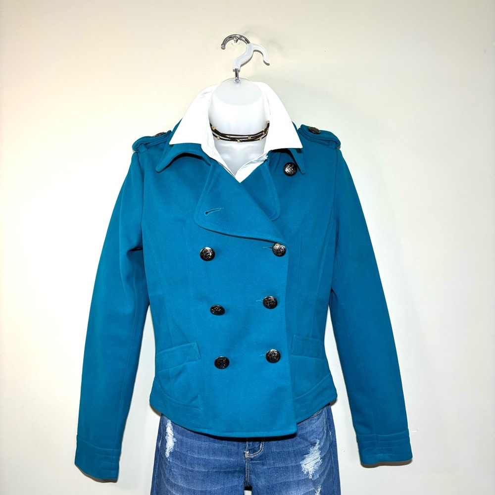 Cato Teal Cropped Military Peacoat Double-Breasted Jacket Crest Buttons S Chic